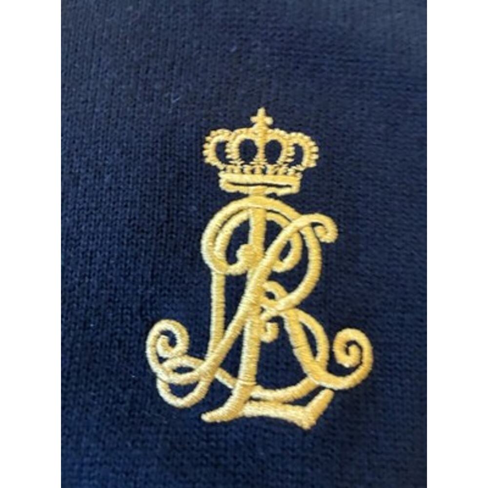 VTG Ralph Lauren Black Cable Knit Cardigan Gold Crest Full Zip Sweater Mock Med - Picture 7 of 16